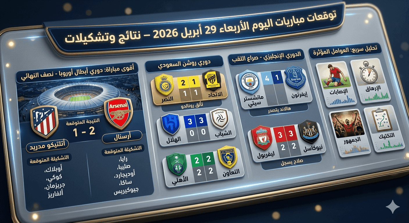 مباريات اليوم الأربعاء 29 أبريل