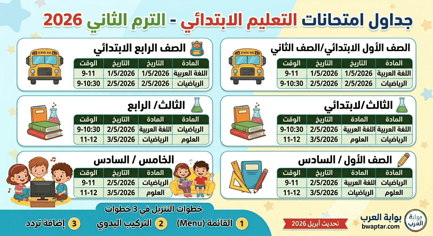 جداول امتحانات التعليم الابتدائي للترم الثاني 2026