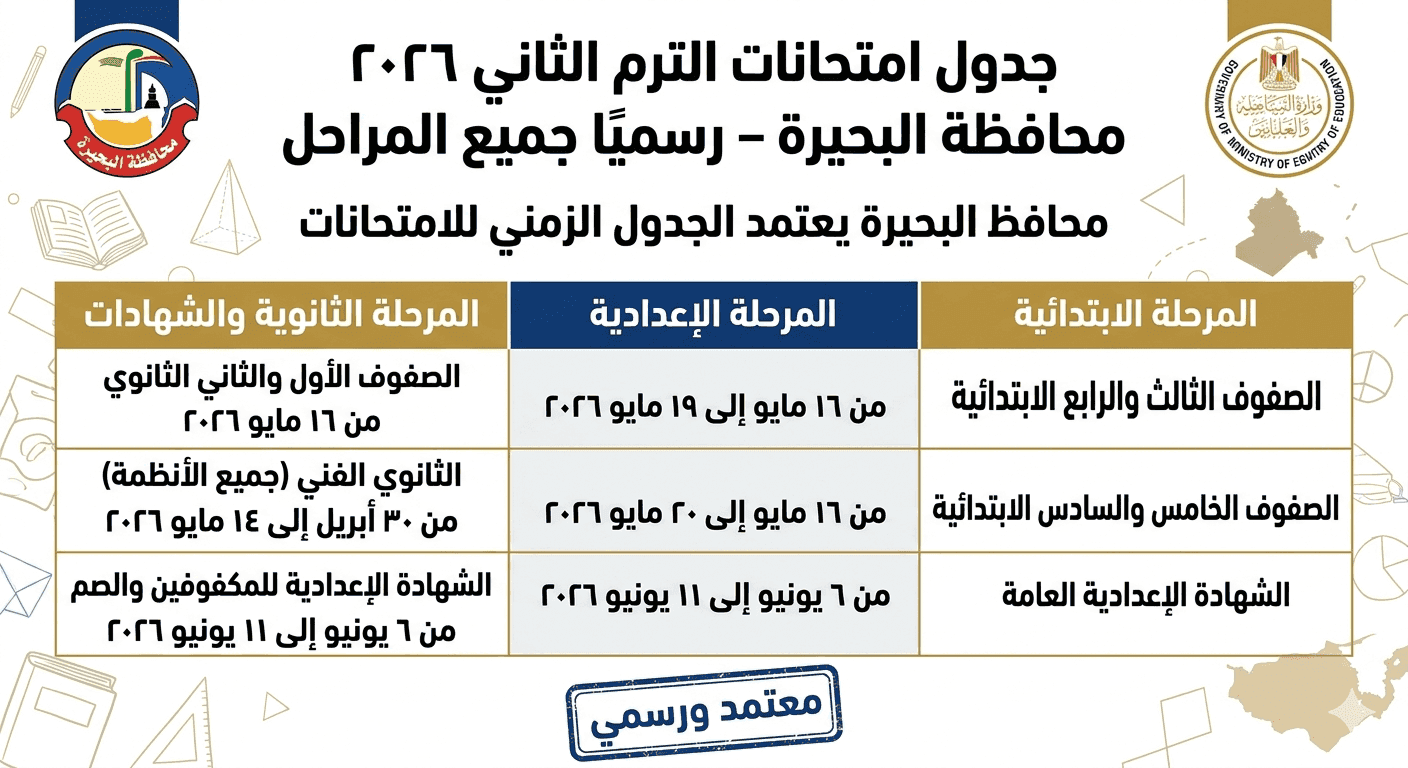 امتحانات الترم الثاني 2026 محافظة البحيرة