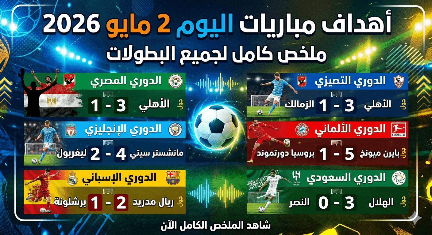 ملخص كامل لجميع البطولات (الدوري المصري، الإنجليزي، الألماني، الإسباني، السعودي)